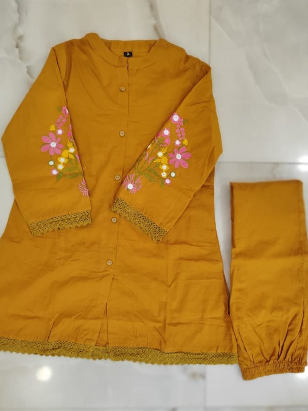 Mustard Pure Cotton Kurta Pant Set with Floral Embroidery
