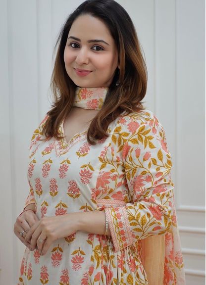Cream Peach Cotton Afghani Suit Set with Floral Print – Ethnic Wear