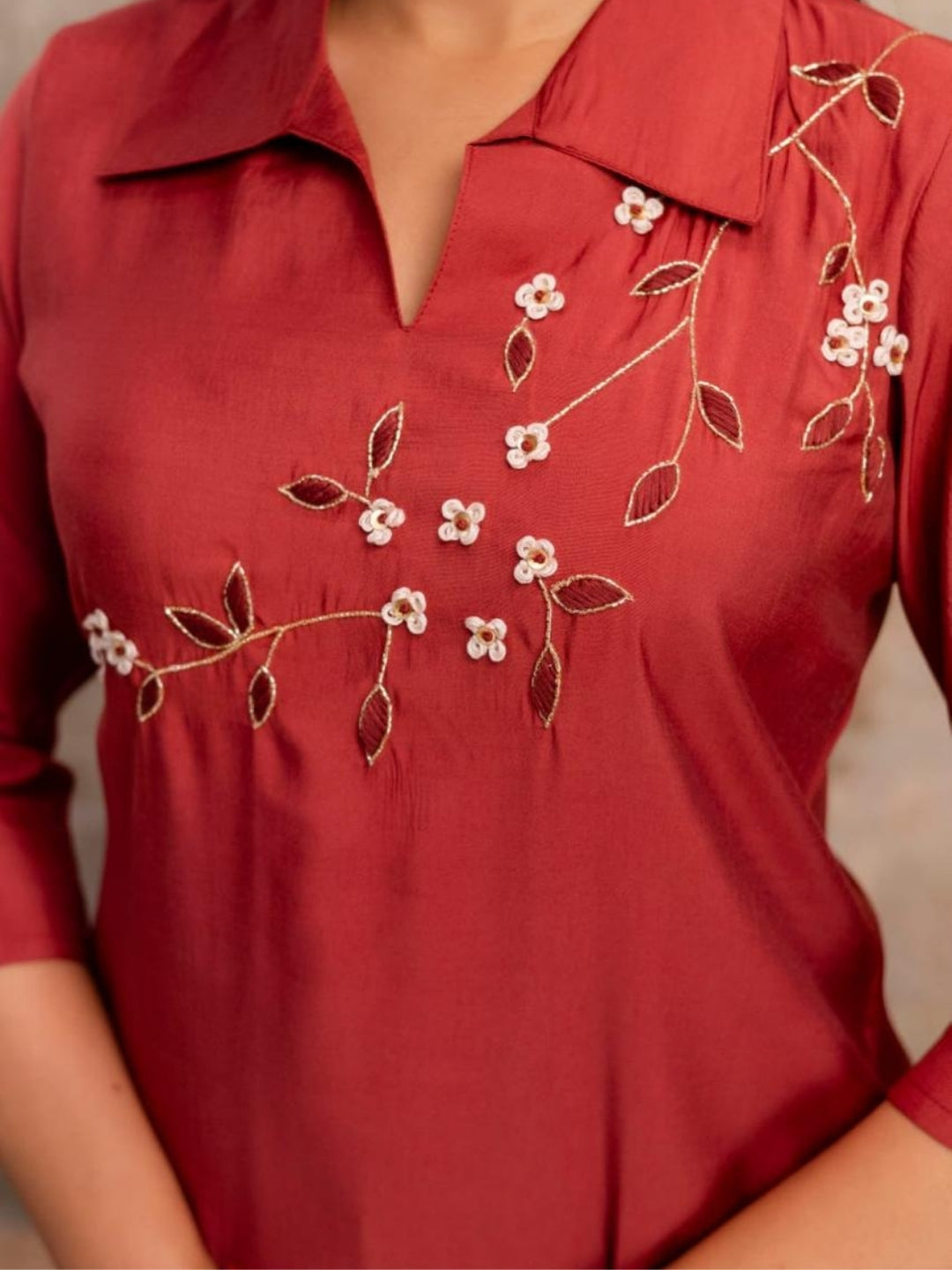 Brick Red Roman Silk Kurta Pant Set with Handcrafted Floral Embroidery