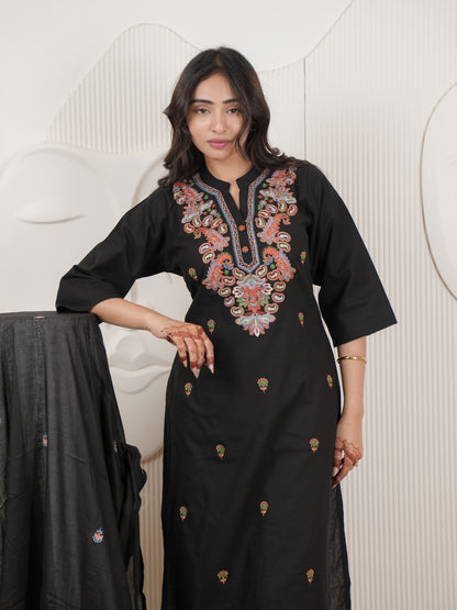 Black Embroidered Cotton Flex Kurta Palazzo Set with Dupatta