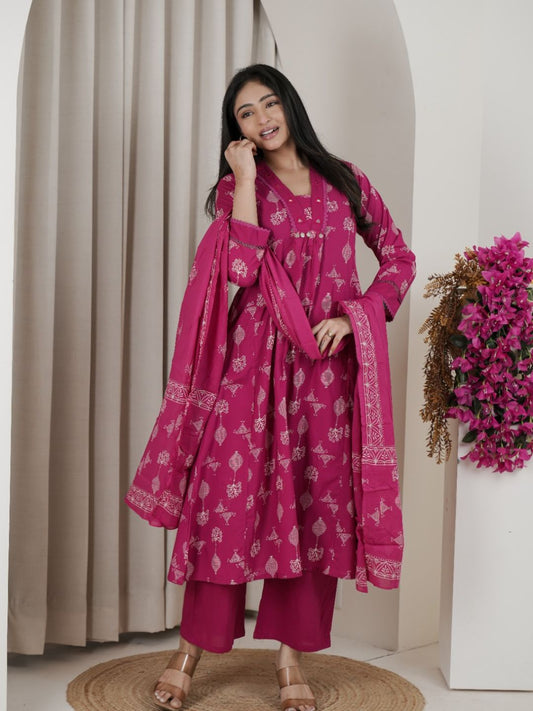 Rani Pink Jaipuri Cotton  A-Line Kurta Set with Ethnic Print
