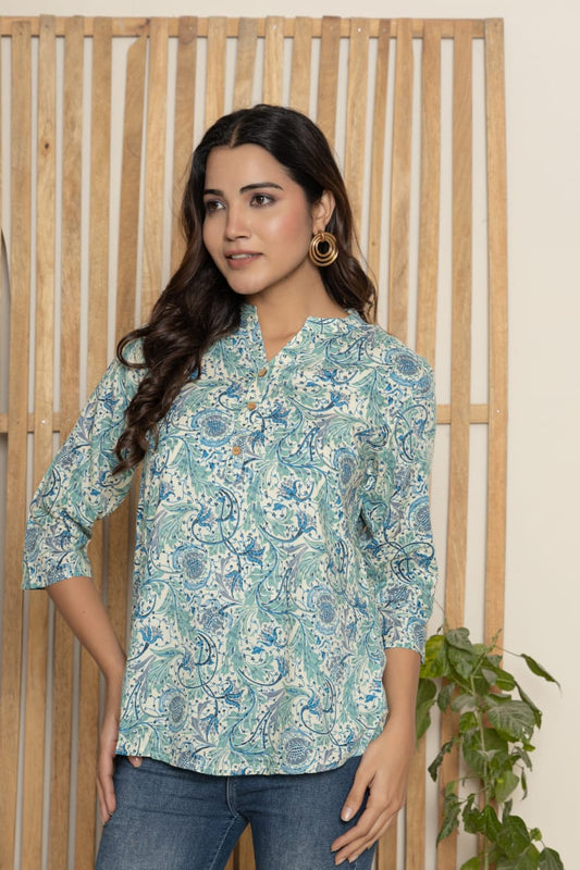 Aqua Blue Printed Soft Cotton Top – Casual & Office Wear