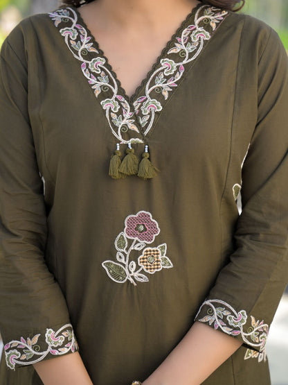 Army Green Premium Cotton Embroidered Straight Suit Set – Festive Wear