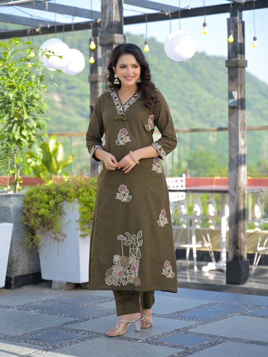 Army Green Premium Cotton Embroidered Straight Suit Set – Festive Wear