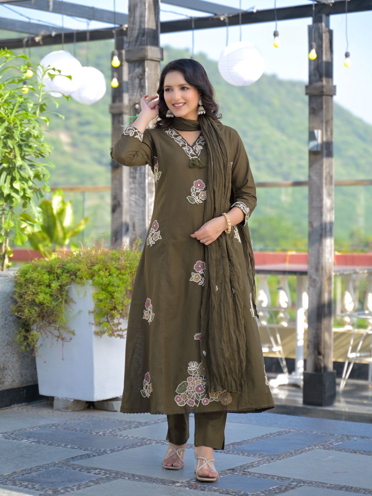 Army Green Premium Cotton Embroidered Straight Suit Set – Festive Wear