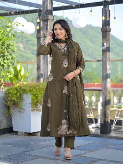 Army Green Premium Cotton Embroidered Straight Suit Set – Festive Wear