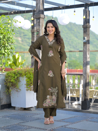 Army Green Premium Cotton Embroidered Straight Suit Set – Festive Wear