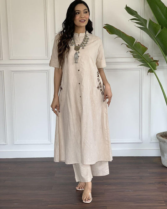 Beige Cotton Slub Kurta and Palazzo Set with Brown Embroidery