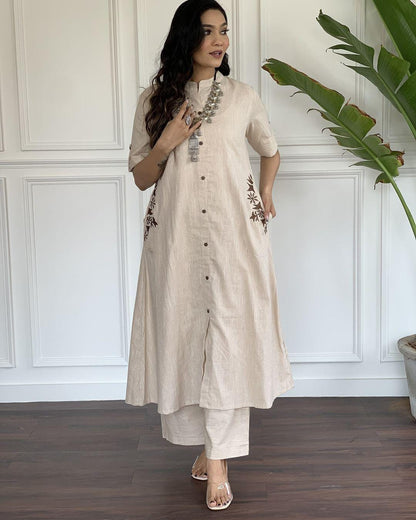 Beige Cotton Slub Kurta and Palazzo Set with Brown Embroidery