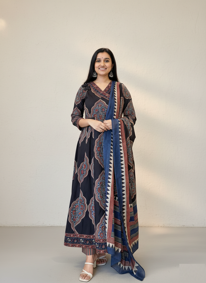 Black Cotton Anarkali Set with Traditional Block Print – Daily & Office Wear