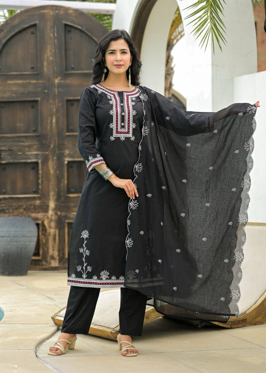 Black Cotton Embroidered Suit Set with Contrast Detailing – Elegant Daily & Festive Wear
