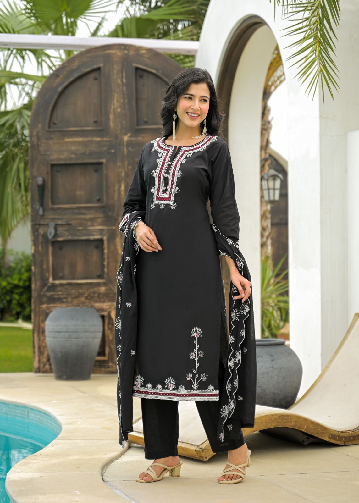 Black Cotton Embroidered Suit Set with Contrast Detailing – Elegant Daily & Festive Wear