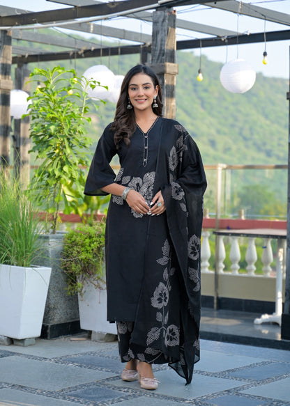Black Cotton Suit Set with Aplique Work – Elegant Daily Wear