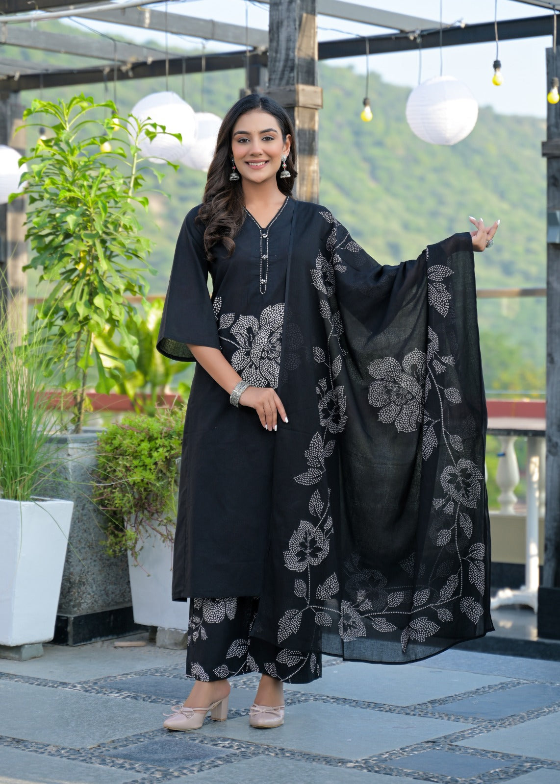 Black Cotton Suit Set with Aplique Work – Elegant Daily Wear