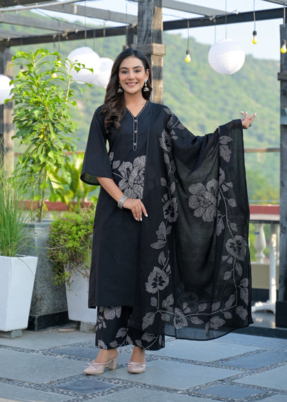 Black Cotton Suit Set with Aplique Work – Elegant Daily Wear
