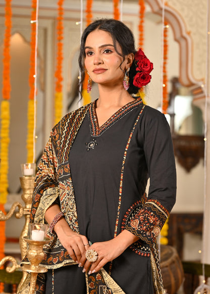 Black Cotton Suit Set with Aplique & Mirror Work – Festive & Ethnic Wear