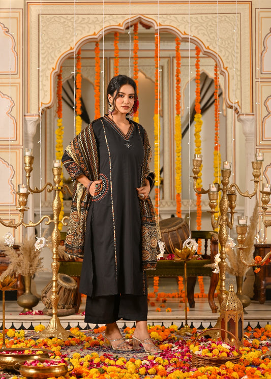 Black Cotton Suit Set with Aplique & Mirror Work – Festive & Ethnic Wear
