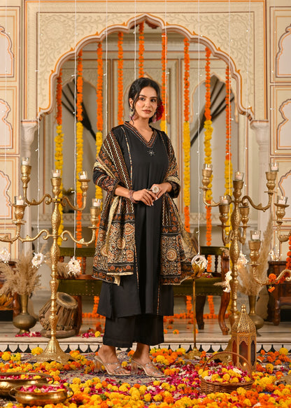 Black Cotton Suit Set with Aplique & Mirror Work – Festive & Ethnic Wear