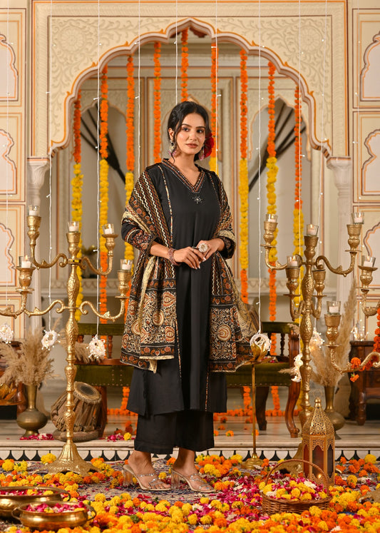 Black Cotton Suit Set with Aplique & Mirror Work – Festive & Ethnic Wear