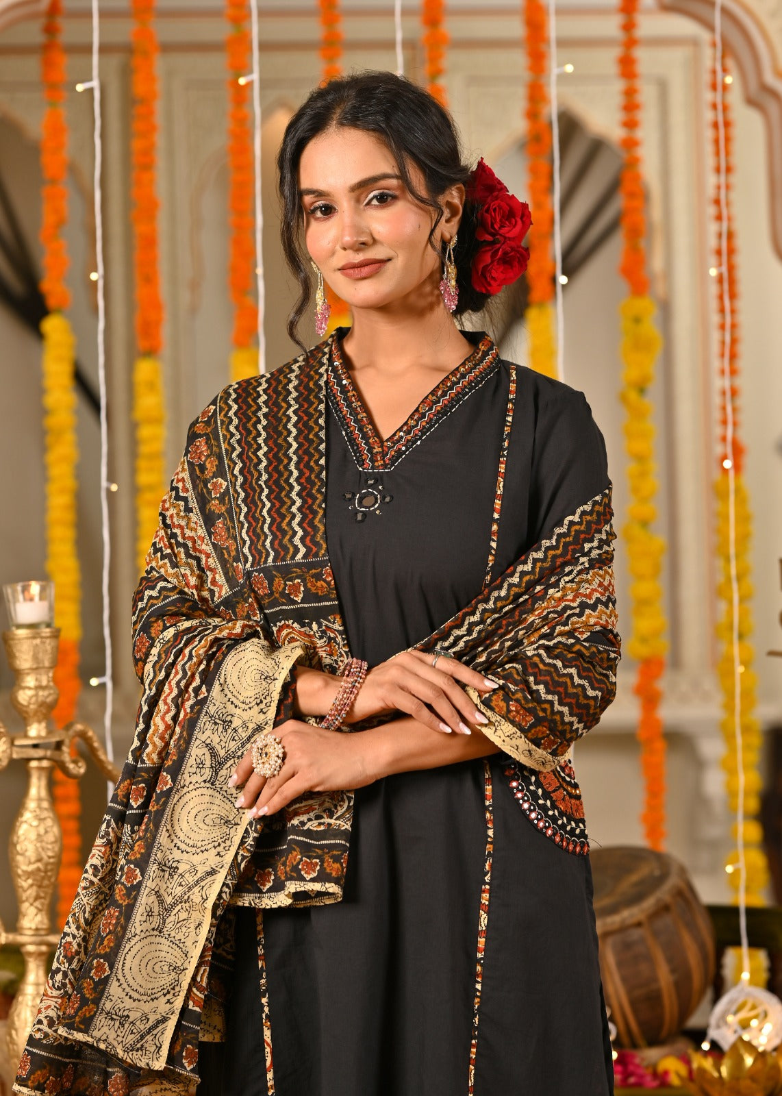 Black Cotton Suit Set with Aplique & Mirror Work – Festive & Ethnic Wear