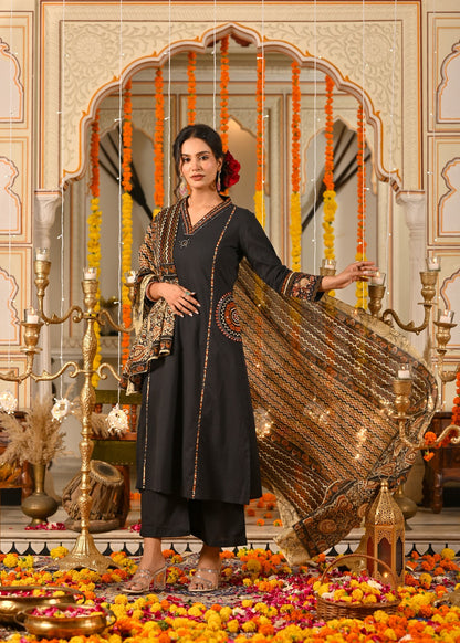Black Cotton Suit Set with Aplique & Mirror Work – Festive & Ethnic Wear