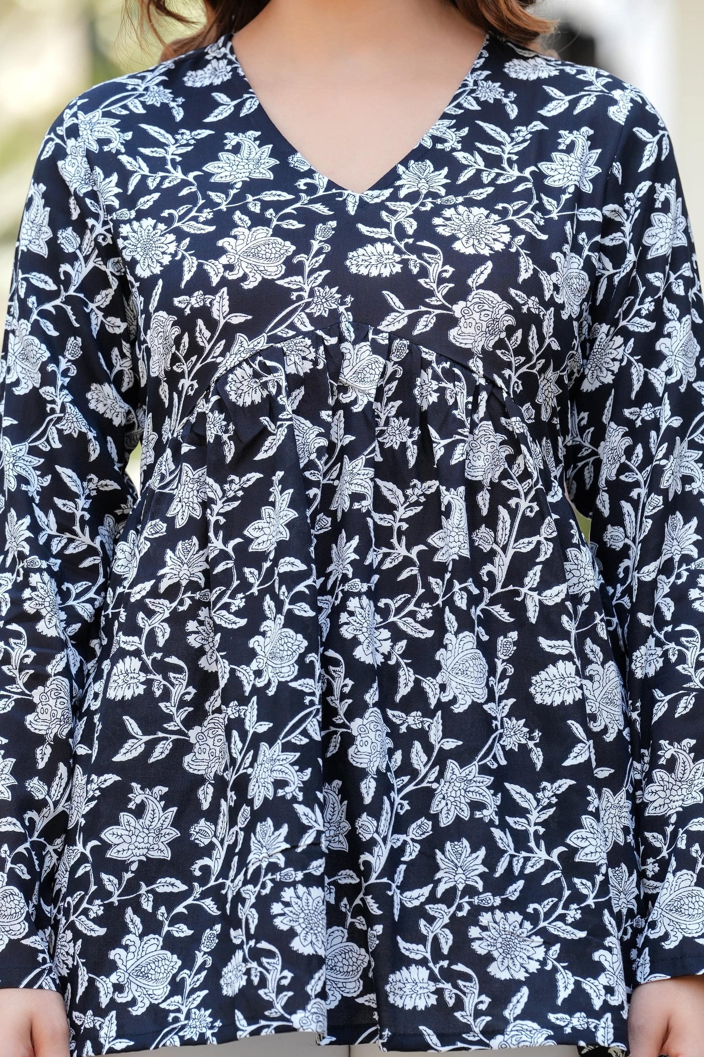 Black Cotton Top with White Floral Prints – Elegant Casual & Daily Wear