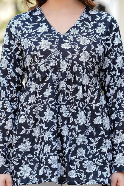 Black Cotton Top with White Floral Prints – Elegant Casual & Daily Wear
