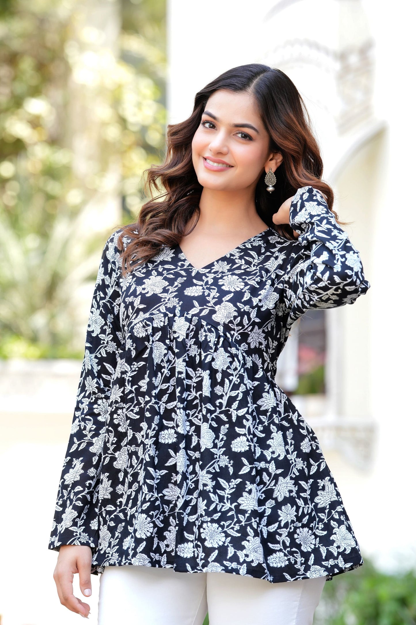Black Cotton Top with White Floral Prints – Elegant Casual & Daily Wear