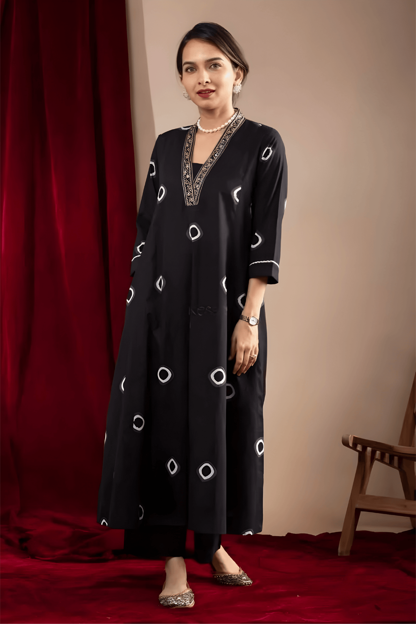 Black Muslin Co-ord Set with Abstract Circle Print & Embroidered Neck
