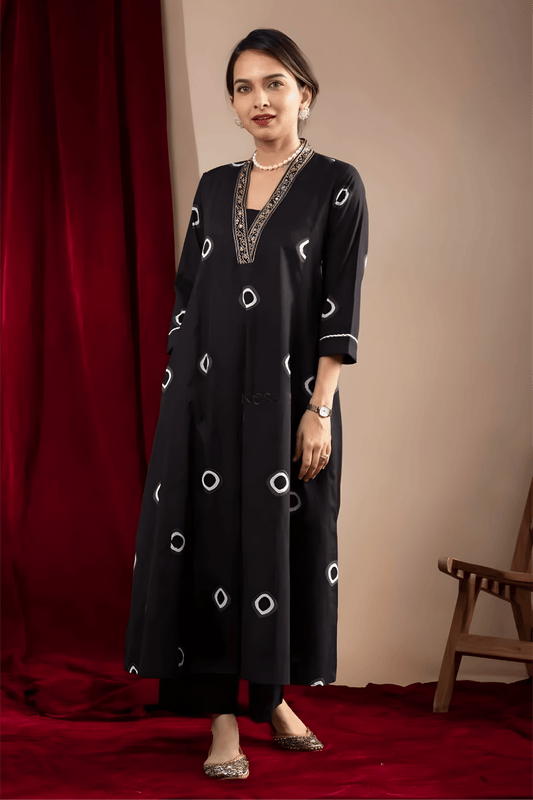 Black Muslin Co-ord Set with Abstract Circle Print & Embroidered Neck