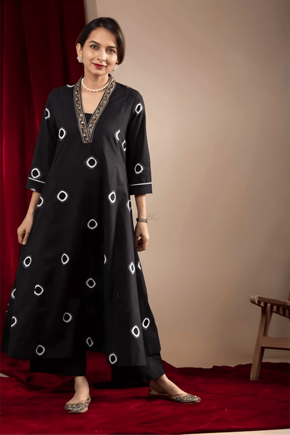 Black Muslin Co-ord Set with Abstract Circle Print & Embroidered Neck