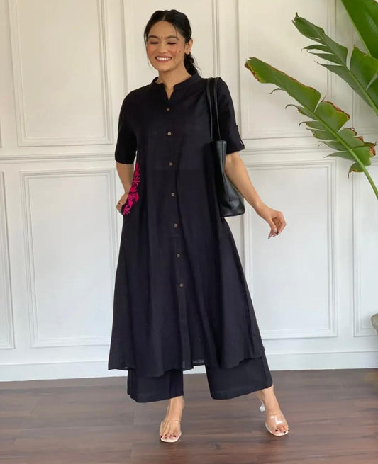 Black Cotton Slub Kurta and Palazzo Set with Pink Floral Embroidery