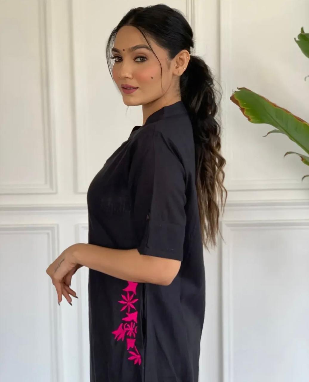 Black Cotton Slub Kurta and Palazzo Set with Pink Floral Embroidery