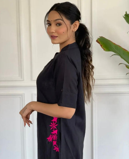 Black Cotton Slub Kurta and Palazzo Set with Pink Floral Embroidery