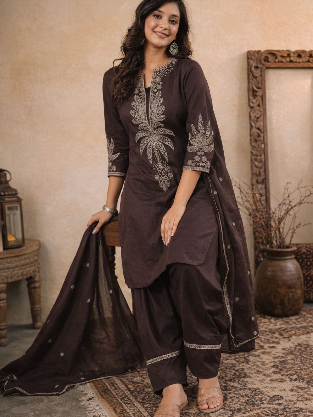 Dark Brown Pure Cotton Embroidered Kurta Set with Farsi Salwar