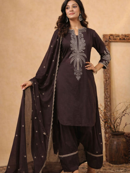 Dark Brown Pure Cotton Embroidered Kurta Set with Farsi Salwar