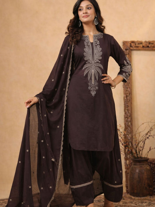 Dark Brown Pure Cotton Embroidered Kurta Set with Farsi Salwar