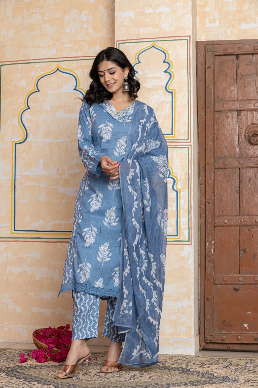 Blue Soft Cotton Printed Suit Set with Lace Detailing – Daily Wear