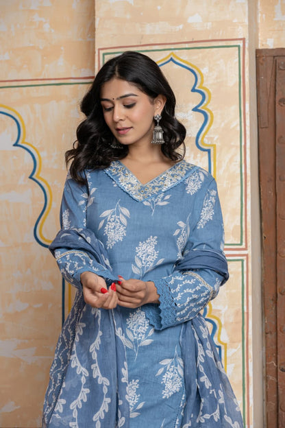 Blue Soft Cotton Printed Suit Set with Lace Detailing – Daily Wear