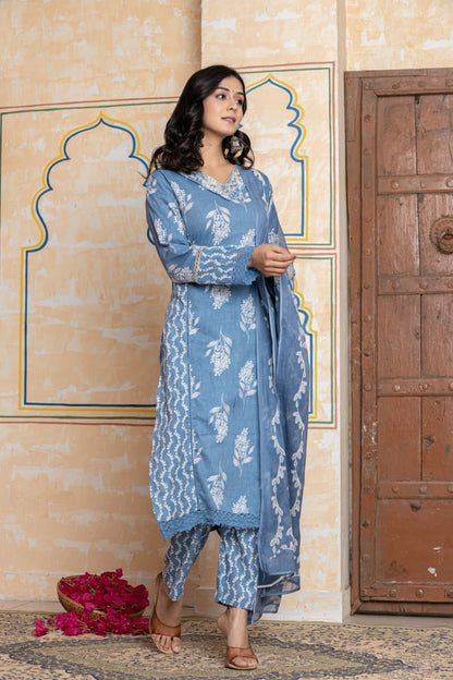 Blue Soft Cotton Printed Suit Set with Lace Detailing – Daily Wear