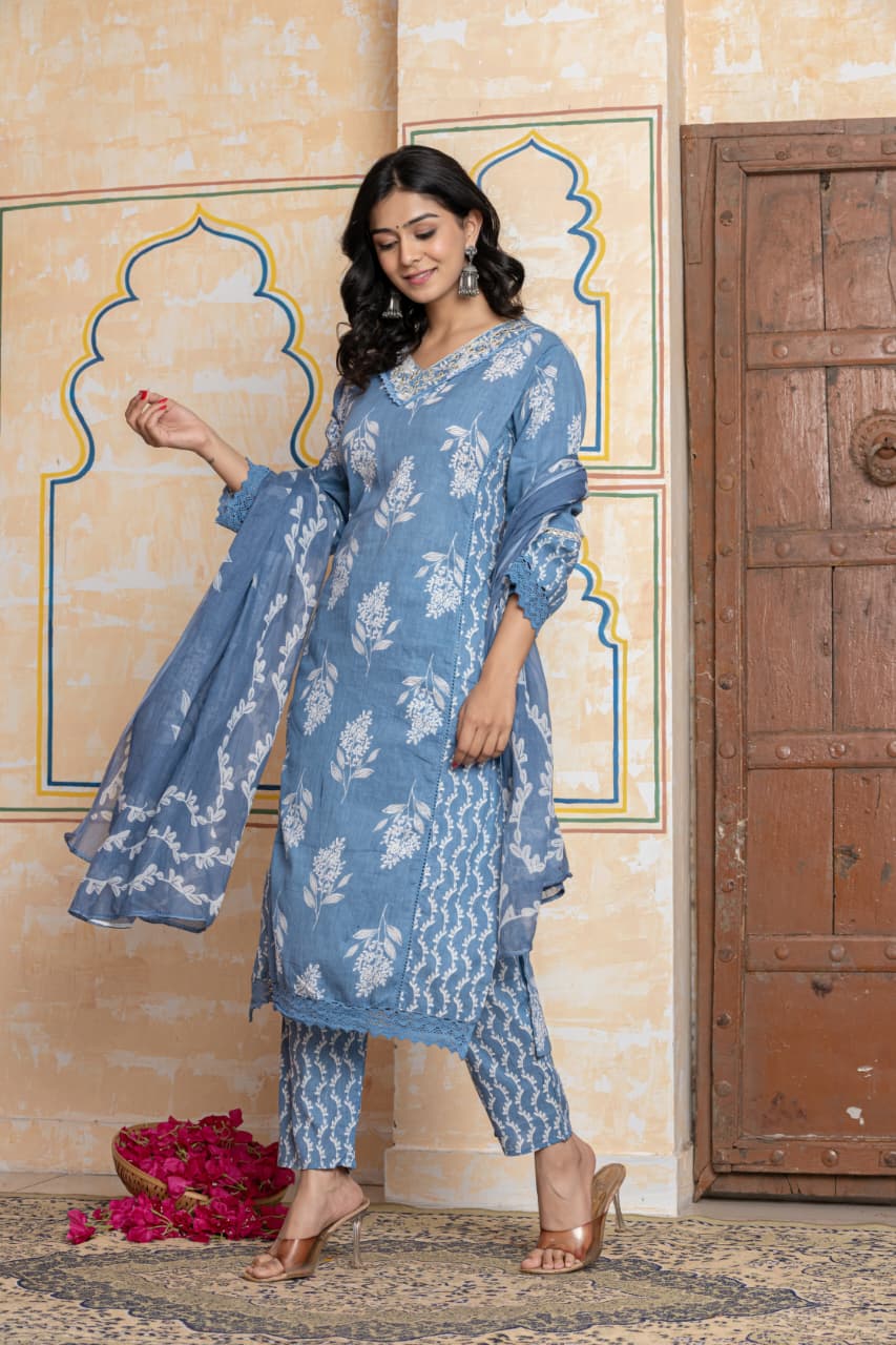 Blue Soft Cotton Printed Suit Set with Lace Detailing – Daily Wear