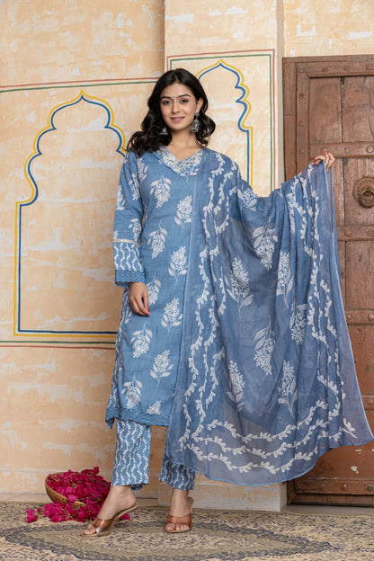 Blue Soft Cotton Printed Suit Set with Lace Detailing – Daily Wear