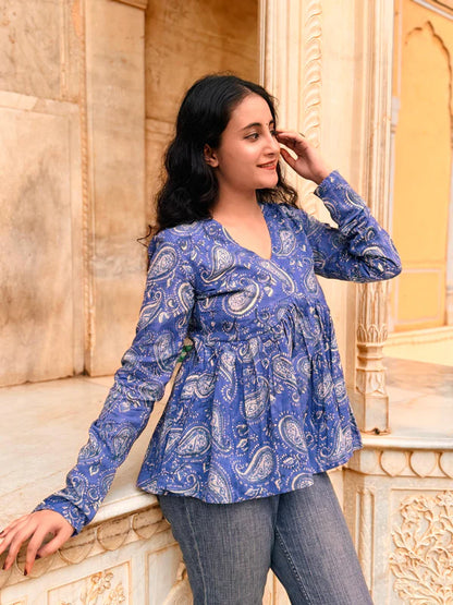 Blue Soft Cotton Paisley Print Top – Effortless Everyday Charm
