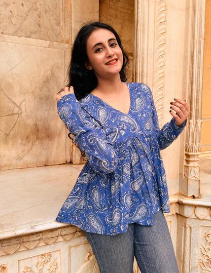 Blue Soft Cotton Paisley Print Top – Effortless Everyday Charm