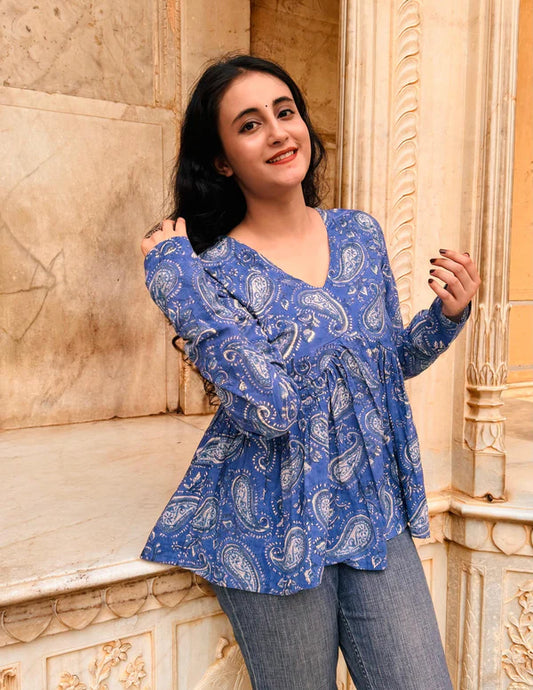 Blue Soft Cotton Paisley Print Top – Effortless Everyday Charm