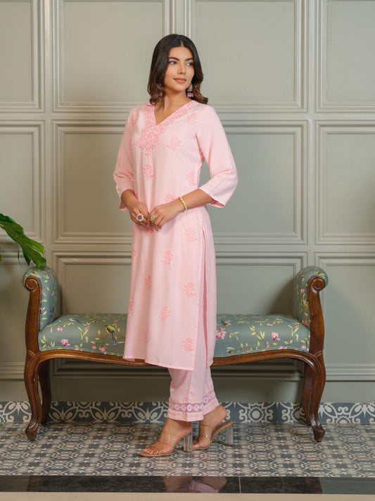 Blush Elegance – Baby Pink Chikankari Embroidered Kurta Set with Crochet Palazzo