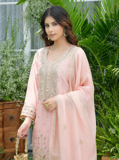 Blush Pink Pure Chinon Suit Set with Mirror & Zari Embroidery – Party & Festive Wear