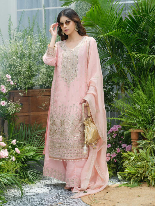 Blush Pink Pure Chinon Suit Set with Mirror & Zari Embroidery – Party & Festive Wear