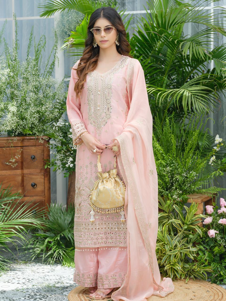 Blush Pink Pure Chinon Suit Set with Mirror & Zari Embroidery – Party & Festive Wear