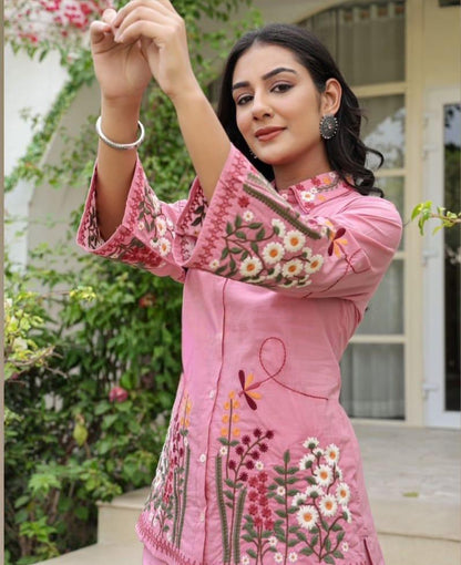 Blush Pink Cotton Co-Ord Set with Heavy Floral Embroidery